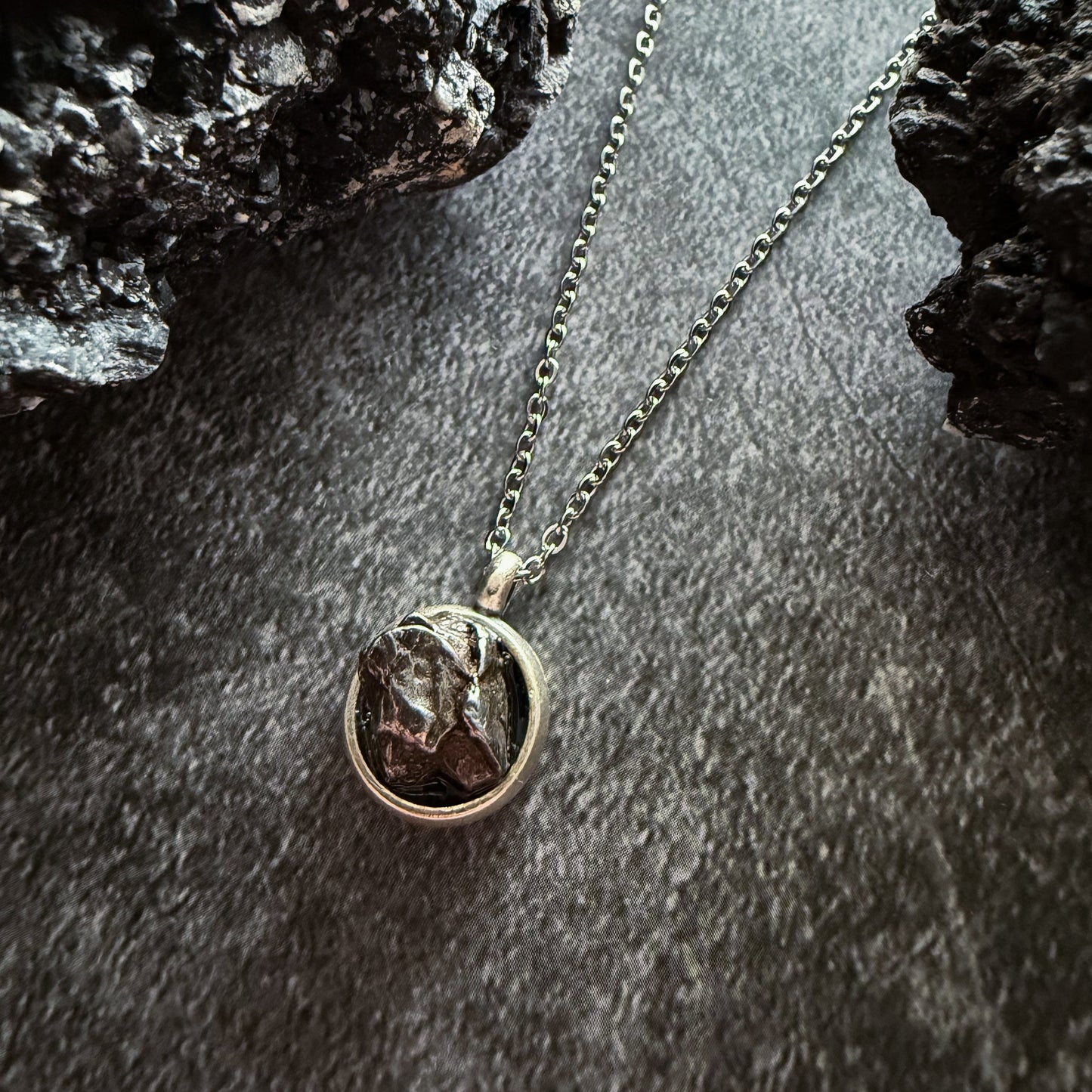 Small Round Meteorite Pendant Necklace in Matte Brushed Silver