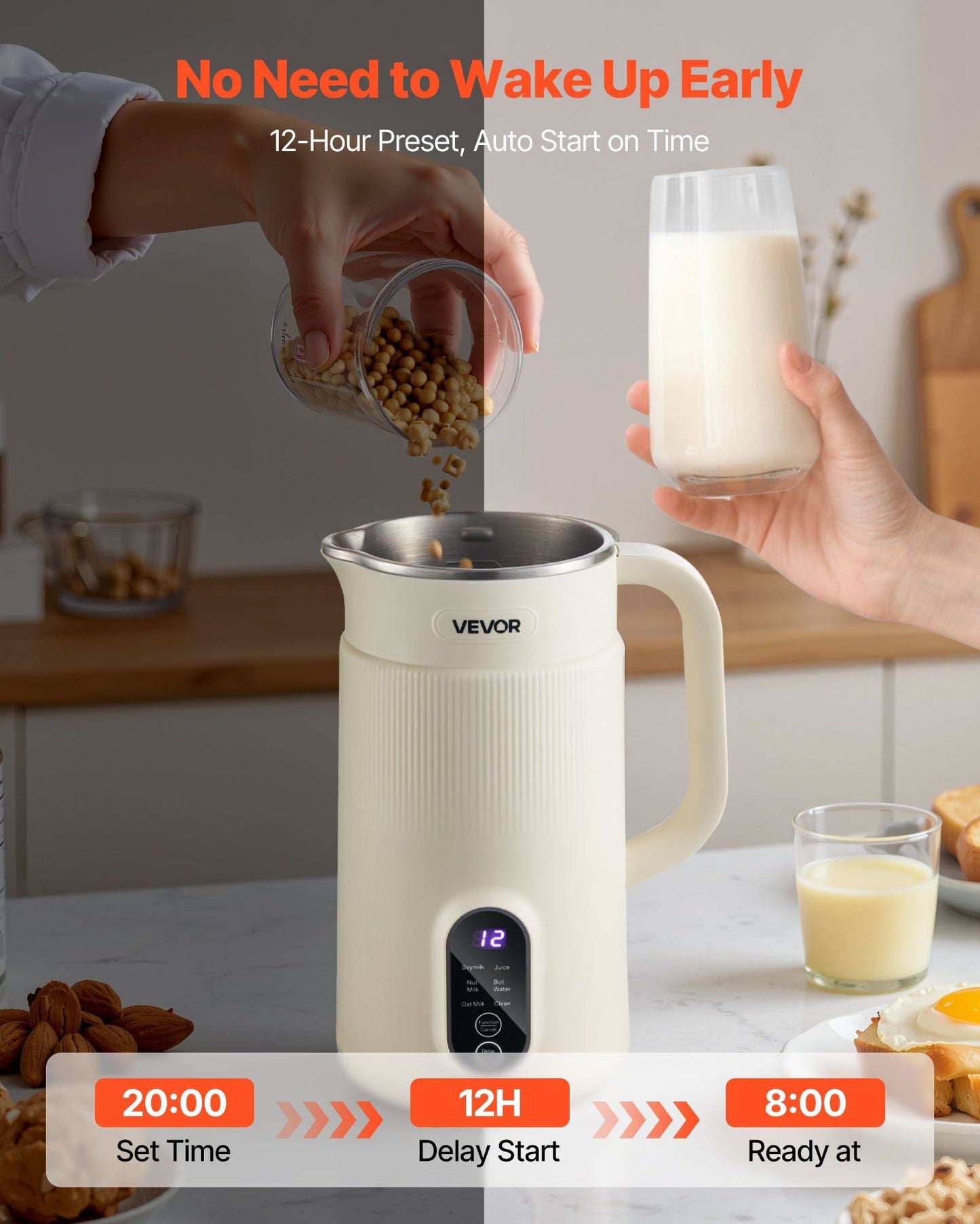 6-in-1 Nut Milk Maker, 20 oz Soy Milk Maker Machine with 6 Blades, for Homemade Oat, Nut, Soy, Juice, Plant-Based and Non Dairy Beverages with High-Temp Self-Cleaning, Boil Water, 12-Hour Delay