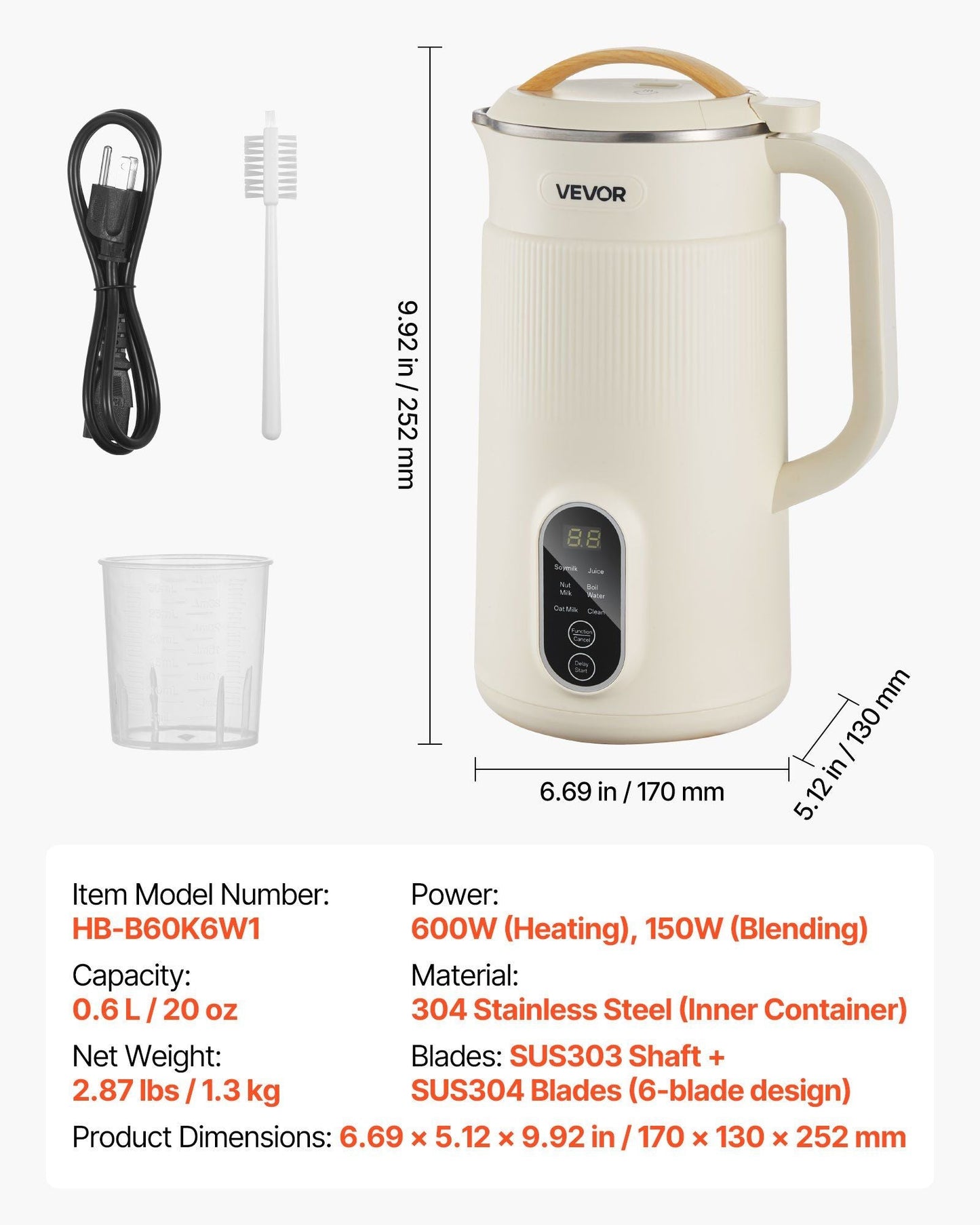 6-in-1 Nut Milk Maker, 20 oz Soy Milk Maker Machine with 6 Blades, for Homemade Oat, Nut, Soy, Juice, Plant-Based and Non Dairy Beverages with High-Temp Self-Cleaning, Boil Water, 12-Hour Delay