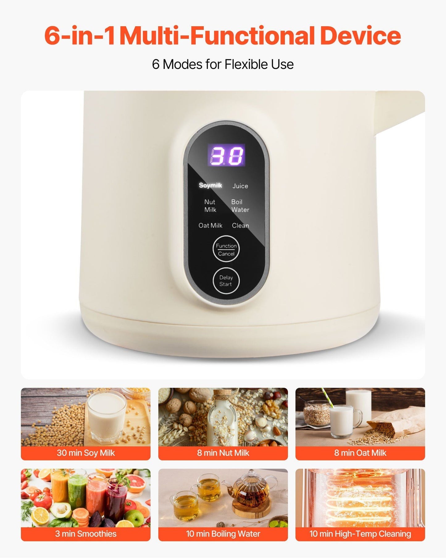 6-in-1 Nut Milk Maker, 20 oz Soy Milk Maker Machine with 6 Blades, for Homemade Oat, Nut, Soy, Juice, Plant-Based and Non Dairy Beverages with High-Temp Self-Cleaning, Boil Water, 12-Hour Delay